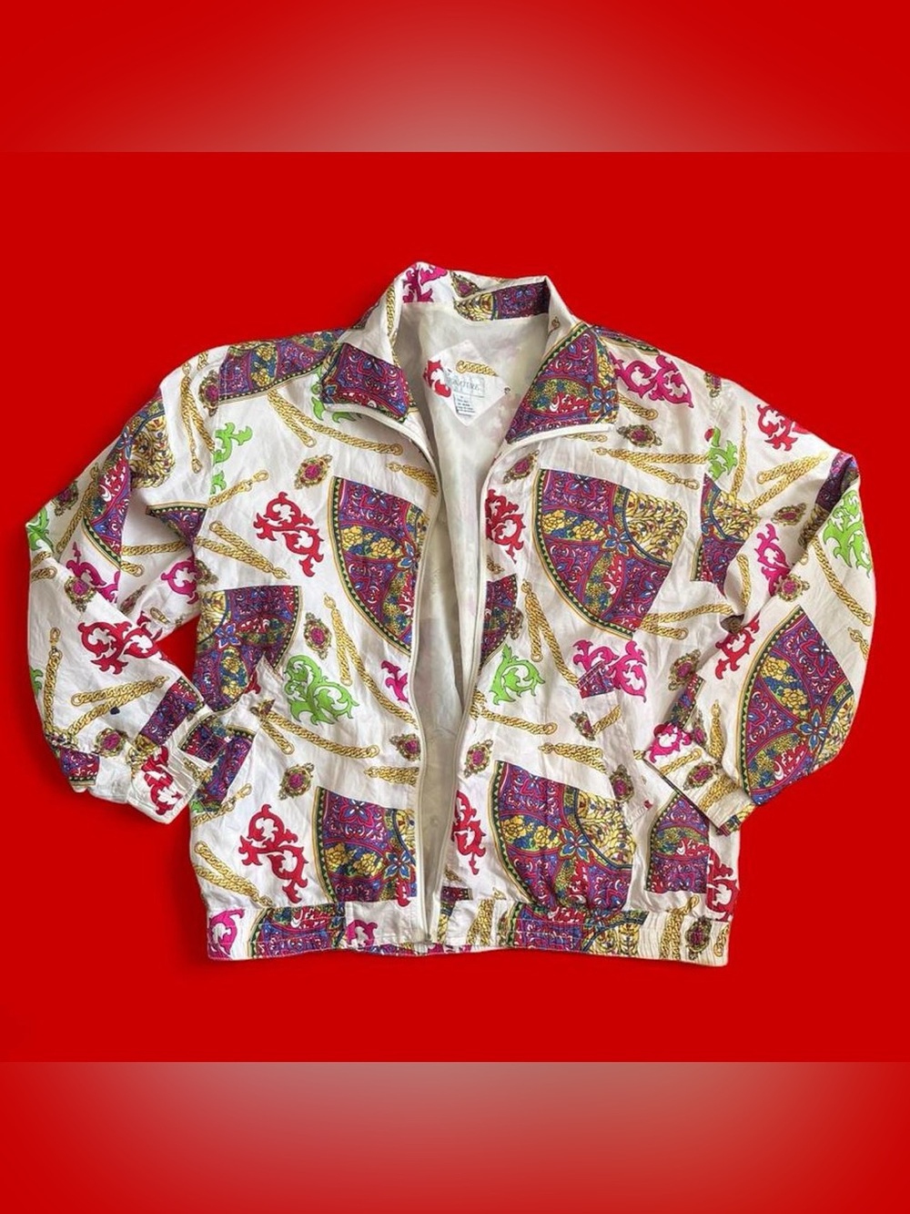 Vintage 80s Silk Asian Fan White Multicolor Baroque Print Open Bomber Jacket